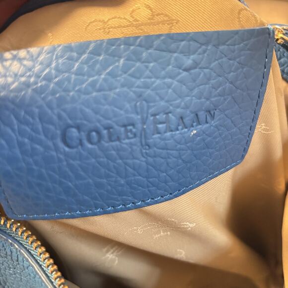 Cole Haan Bag Womens Medium Blue Pebbled Leather Shoulder Hobo Gold Hardware - Picture 10 of 13